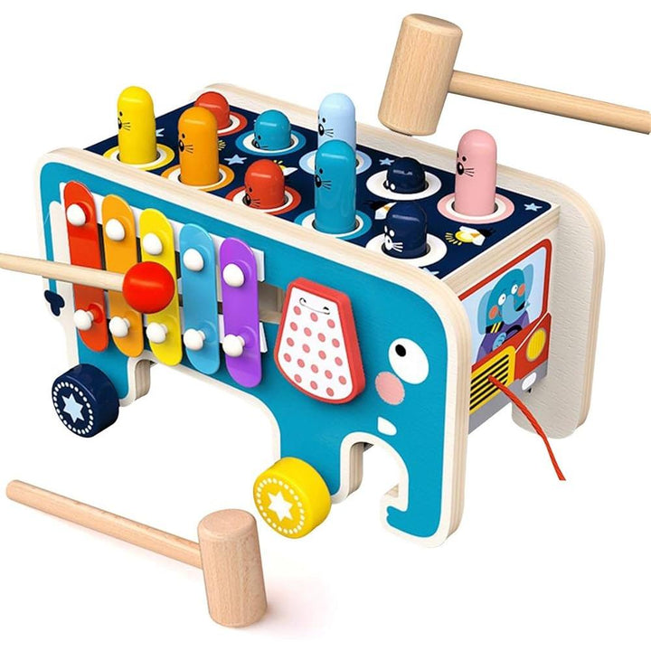 Educational wooden Montessori Whack-A-Mole toy for toddlers, promoting fine motor skills, coordination & learning.