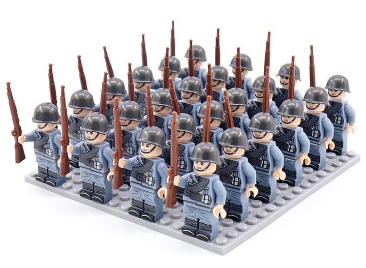 WWII military building blocks set for kids, featuring collectible soldier figures for historical imaginative play.