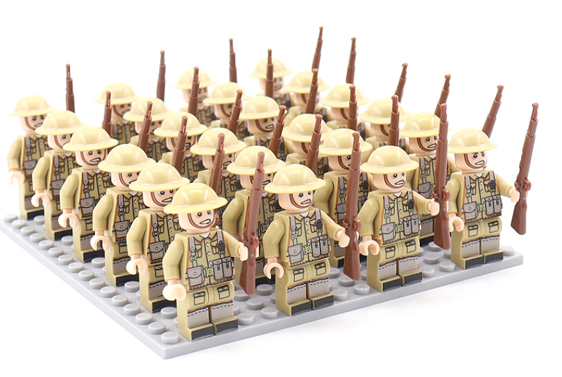 Collectible WWII military building blocks figure set, ideal for kids' historical play and construction fun.