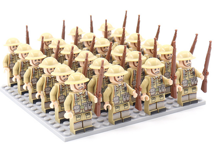 Collectible WWII military building blocks figure set, ideal for kids' historical play and construction fun.