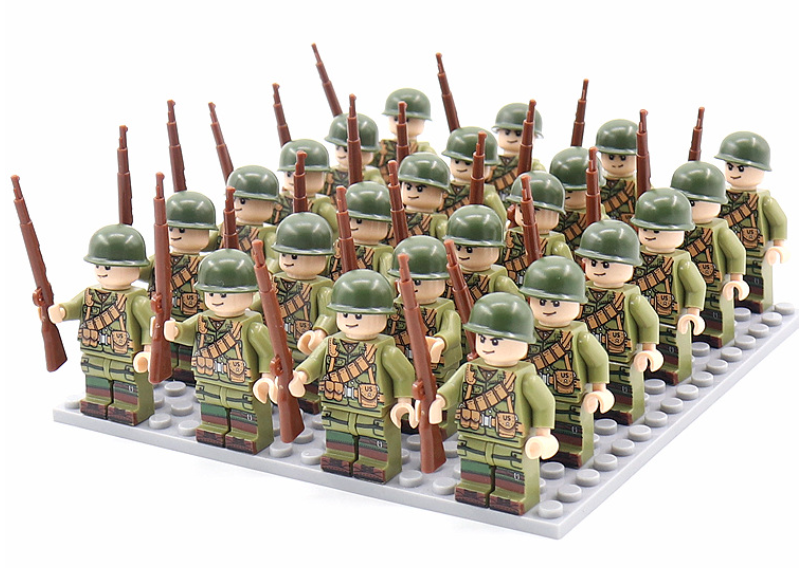 Complete WWII military building blocks set for kids, offering soldier figures and construction elements for history play.