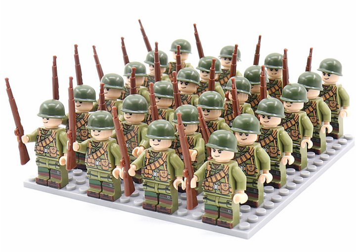 Complete WWII military building blocks set for kids, offering soldier figures and construction elements for history play.