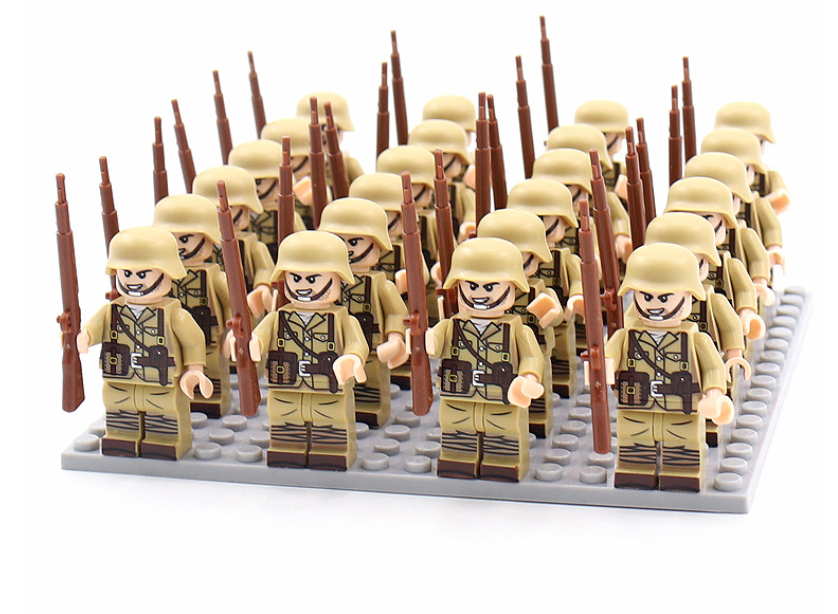 Detailed WWII military soldier figures from a building blocks set, perfect for kids' educational history toy.