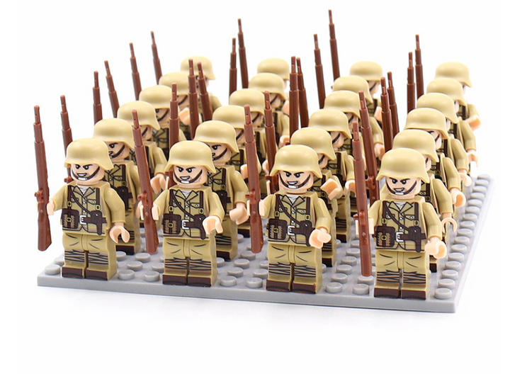 Detailed WWII military soldier figures from a building blocks set, perfect for kids' educational history toy.