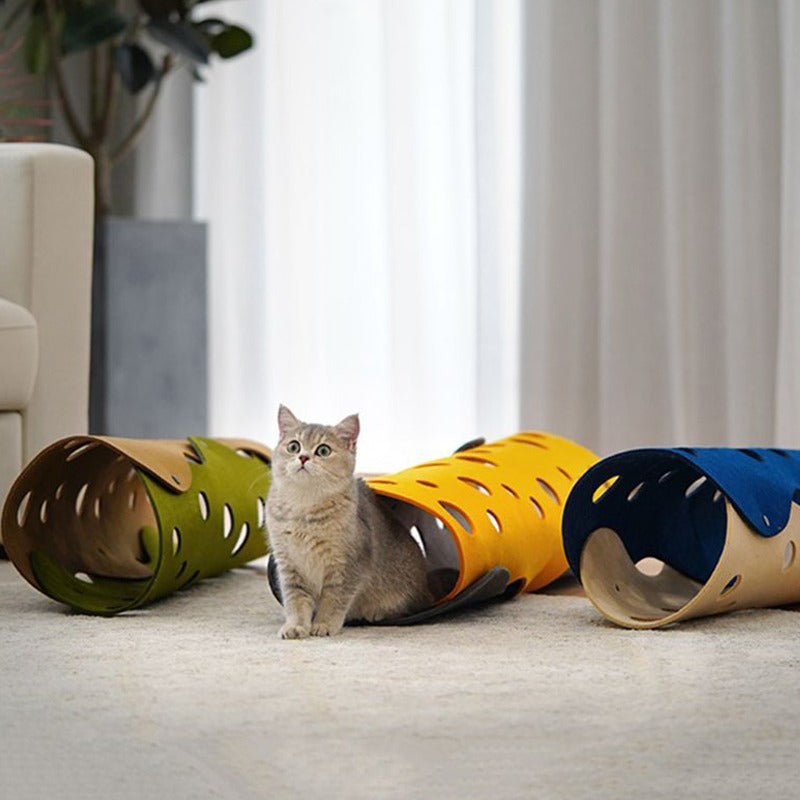 Yellow & blue felt cat play tunnel with cozy rest cave, foldable pet furniture for interactive activity.