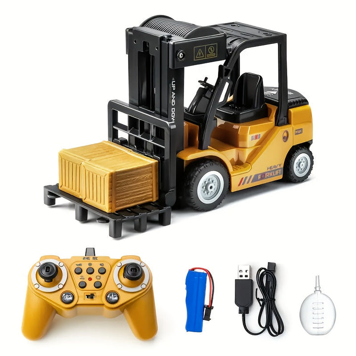 Yellow heavy duty RC forklift truck with trailer & lights, 1:24 scale, for kids' construction play.