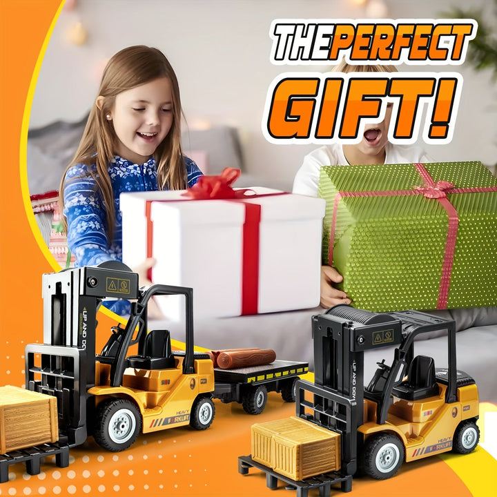 Kids' heavy duty yellow forklift toy, 1:24 scale, with functional lights and a pulling trailer.