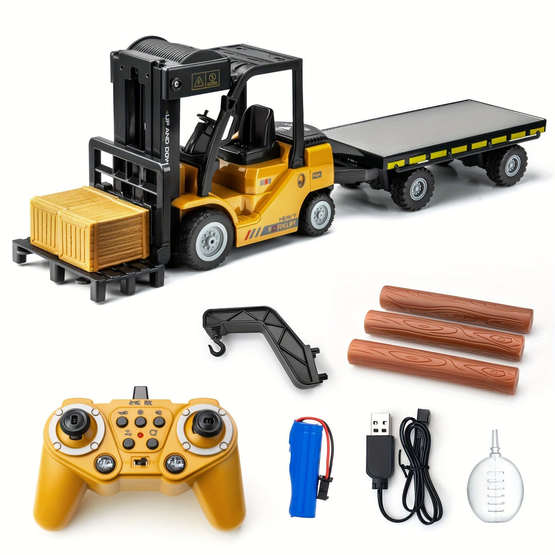 Kids' remote control forklift toy, yellow, with lights and detachable trailer for imaginative play.