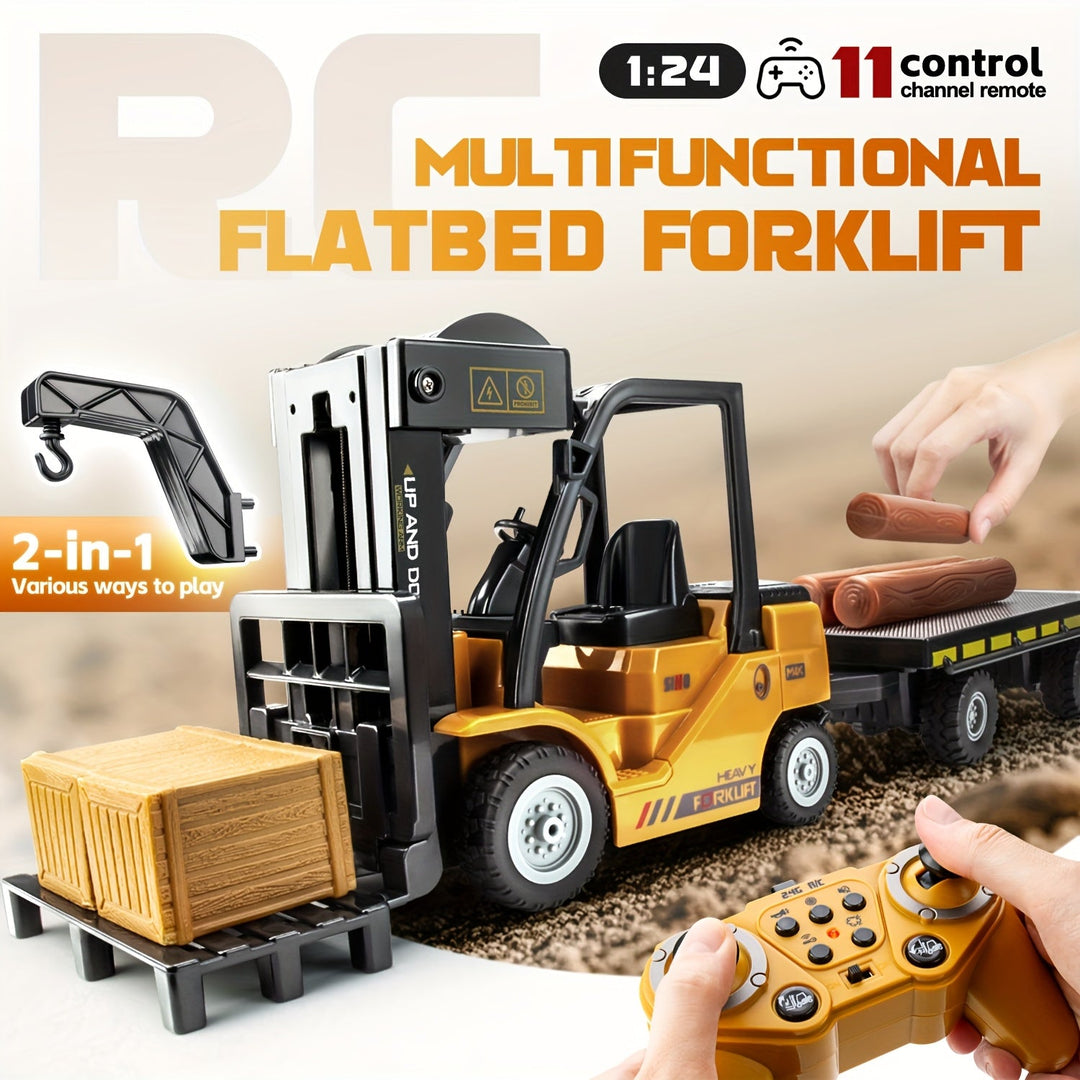 Heavy duty yellow RC forklift with remote control, ideal construction vehicle toy for young kids.