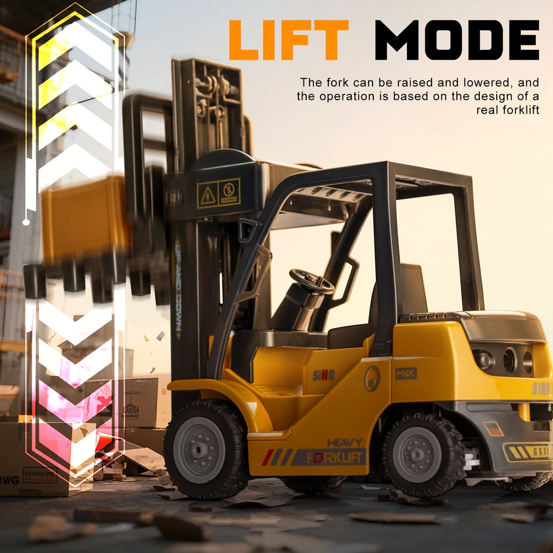 Playtime fun with this yellow RC forklift toy, featuring lights and a movable trailer for kids.
