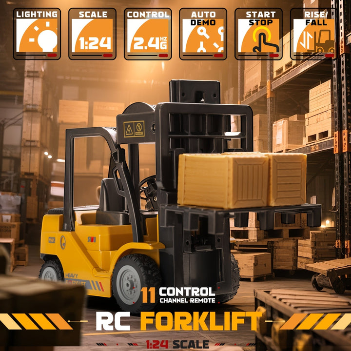 Children's gift: detailed 1:24 scale RC forklift truck, yellow, with lights & trailer.