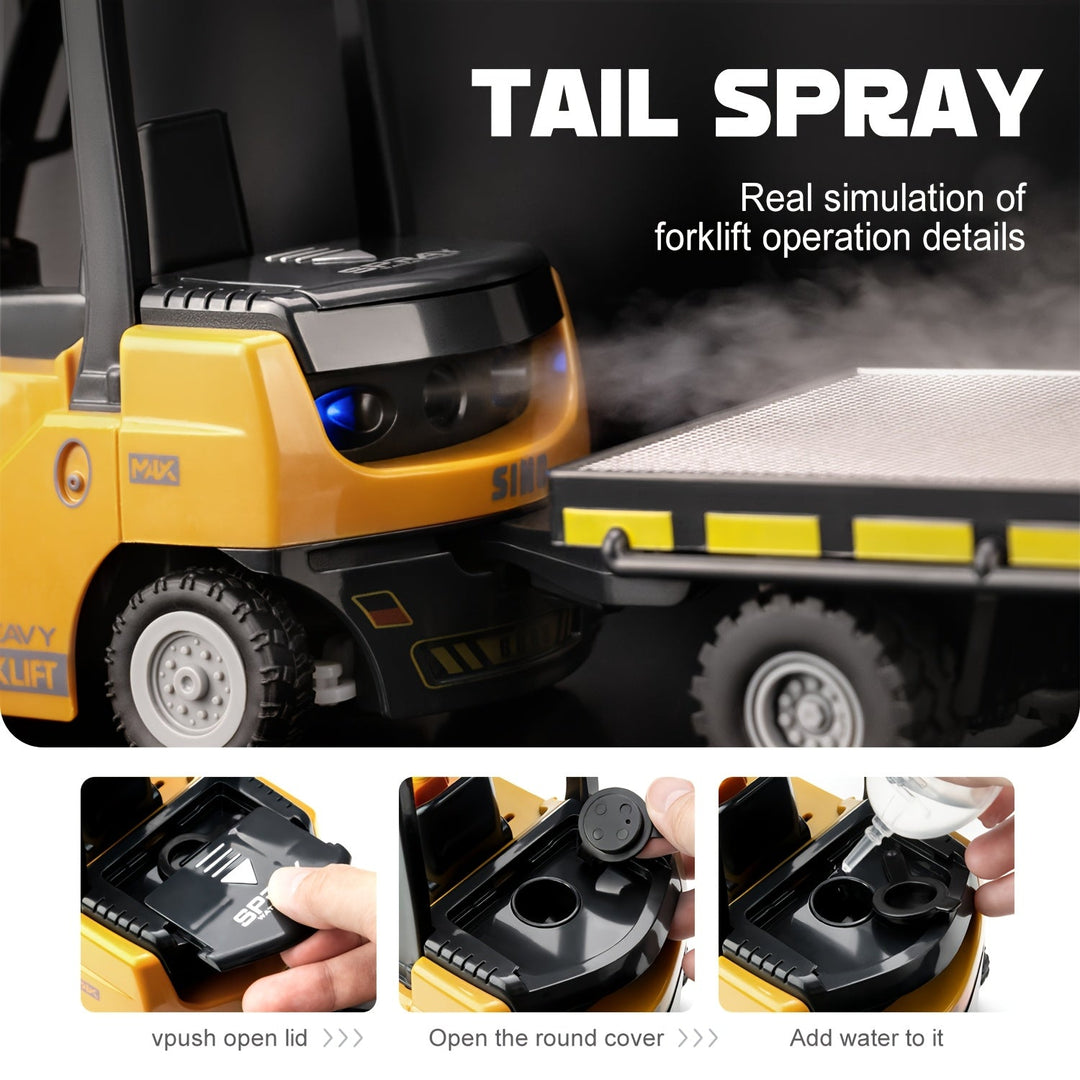Yellow RC forklift truck, a heavy duty remote control toy for kids, includes trailer for cargo.