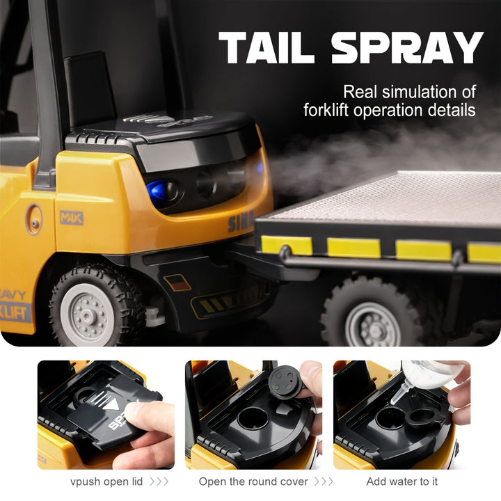 Yellow RC forklift truck, a heavy duty remote control toy for kids, includes trailer for cargo.