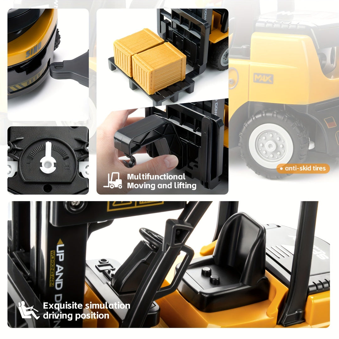 Electronic toy RC forklift with bright lights, 1:24 scale, perfect for children's vehicle collection.