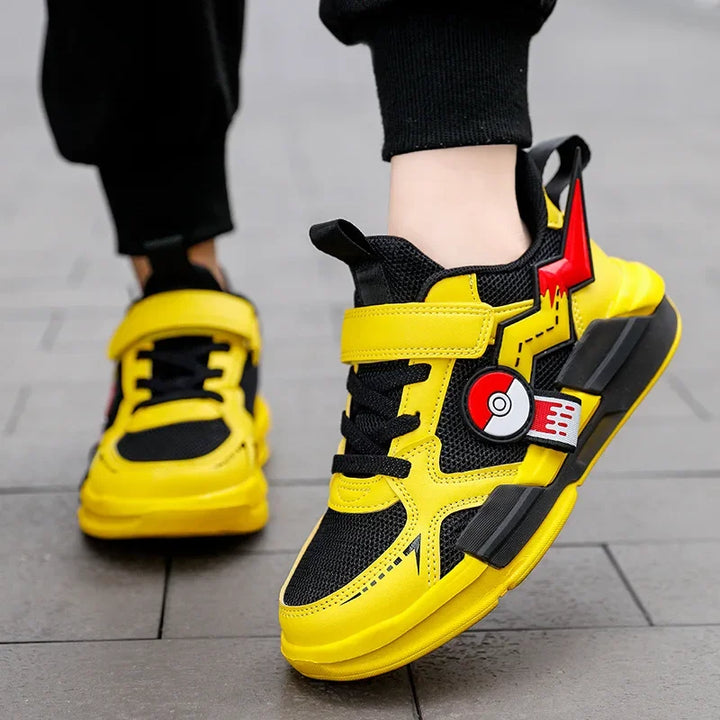 Yellow Pokémon velcro sneakers for kids. Comfortable, breathable footwear for active boys & girls, great for all-day play.