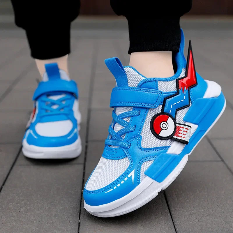 Bright yellow Pokémon kids' sneakers with secure velcro straps, offering breathable comfort for active boys and girls.