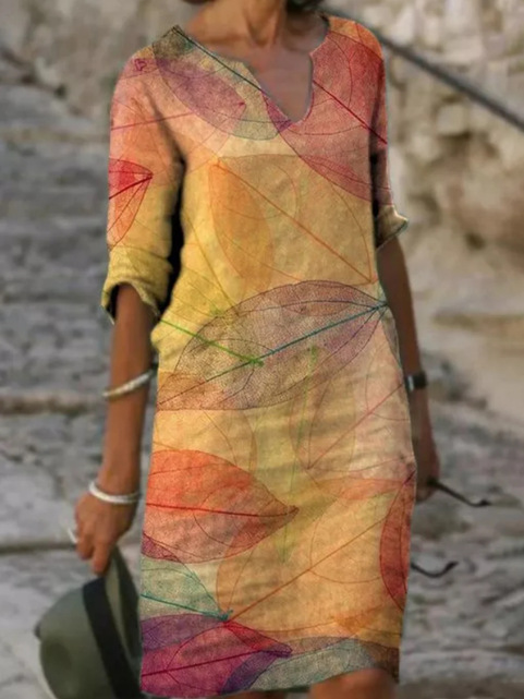 Yellow women's printed V-neck midi dress, flowy boho summer dress, casual day wear