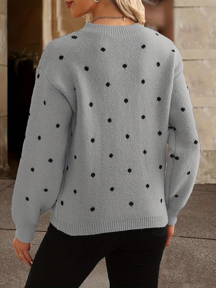 Trendy women's polka dot sweater. Chic round-neck top for fall fashion & winter style.
