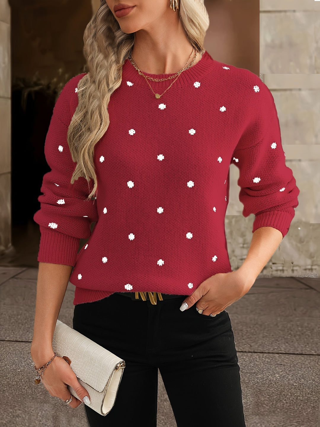 Chic long-sleeve polka dot sweater. Women's cozy pullover, perfect for autumn & winter comfort.