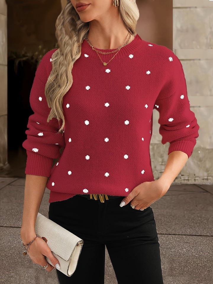 Chic long-sleeve polka dot sweater. Women's cozy pullover, perfect for autumn & winter comfort.