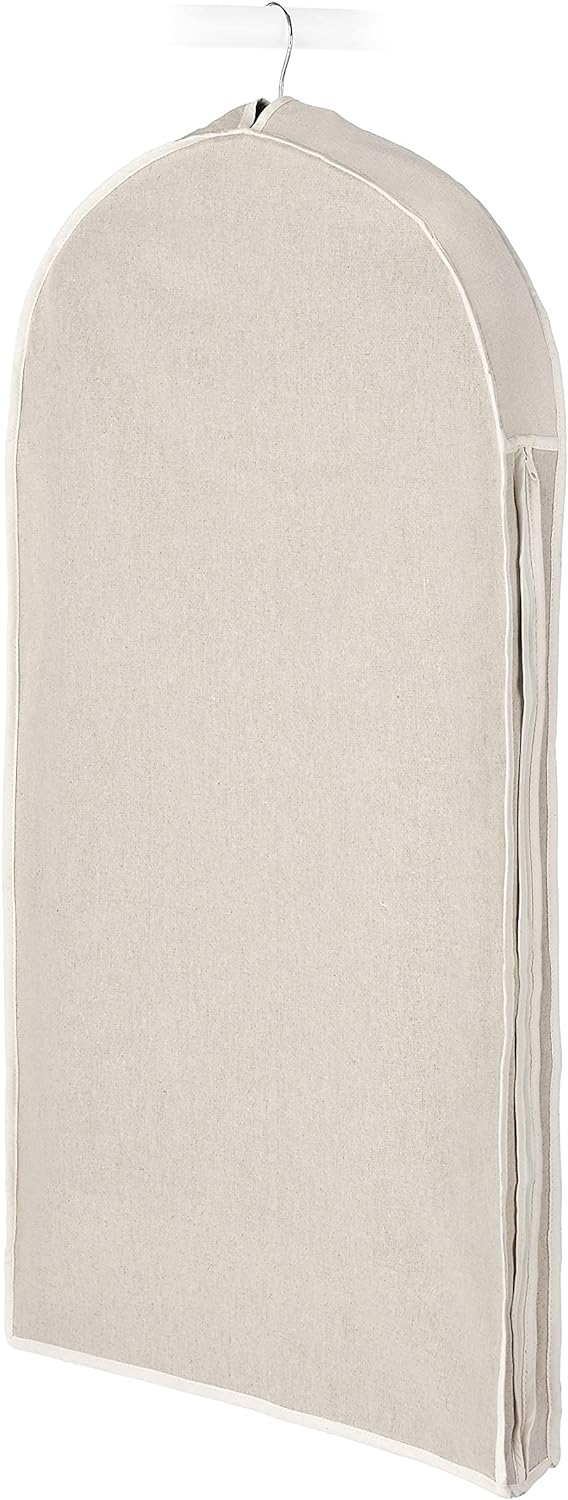 Zipped linen dust-proof garment bag for suits & clothes, perfect for closet organization & travel protection.