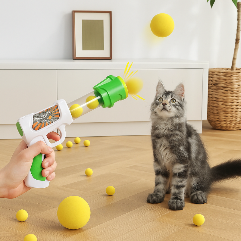 ZoomShot interactive pet ball launcher for cats. Engages active cats with automatic soft ball tossing for indoor play.