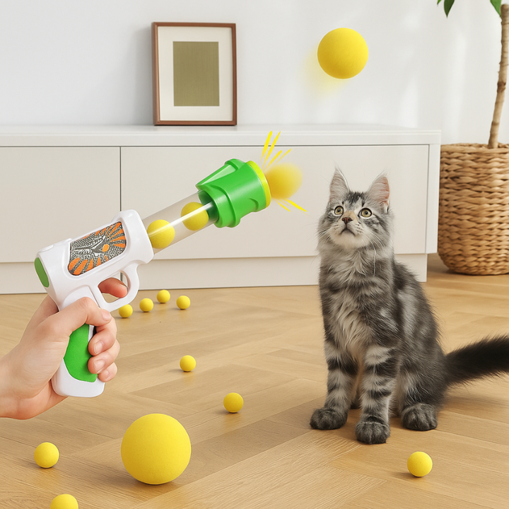 ZoomShot interactive pet ball launcher for cats. Engages active cats with automatic soft ball tossing for indoor play.